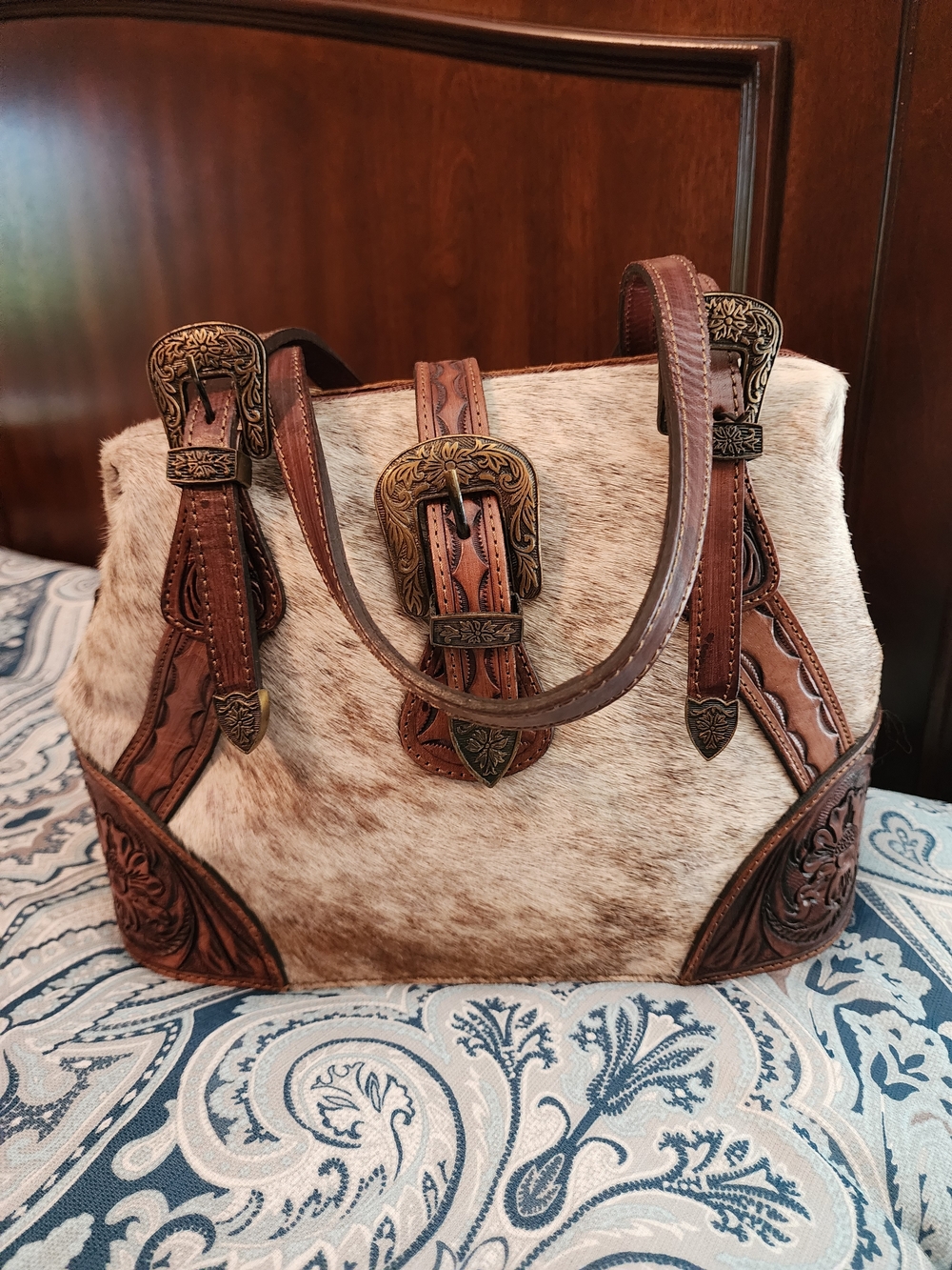 American Darling Brown Haircalf Tote with Tooled Leather Trim - Picture 2 of 16